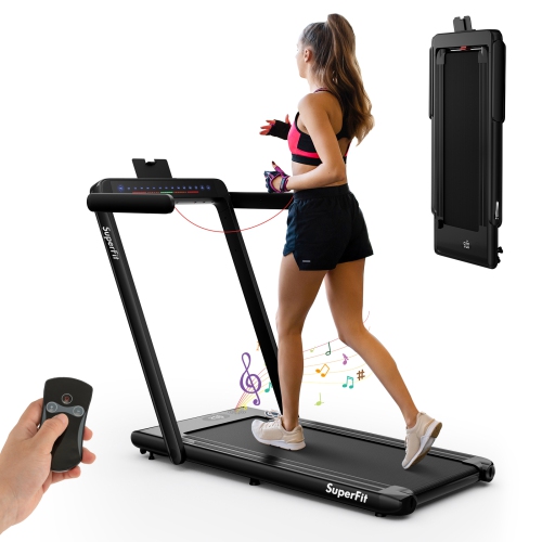 Image 1 of 10.. SuperFit 2.25HP 2 in 1 Dual Display Folding Treadmill Jogging Machine W/APP Control Black
