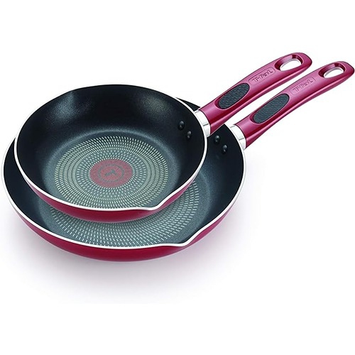 Image 1 de 7.. Batterie de cuisine 907&nbsp;g pour lave-vaisselle avec indicateur de chaleur Thermo-Spot ProGlide antiadhésive Bakelite de T-fal - 2 pièces - Rouge