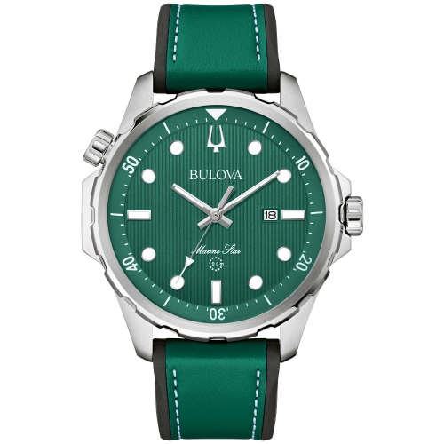 Image 1 of 3.. Bulova Mens Marine Star Quartz Watch 46.5mm Silver-Tone Stainless Steel Case Green Leather and Silicone Strap with Green Dial