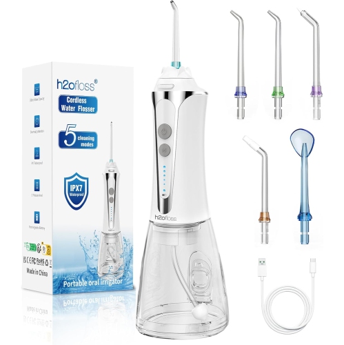 Image 1 de 7.. Hydropulseur dentaire sans fil H2ofloss, irrigateur buccal rechargeable 300 ml pour le nettoyage des dents, nettoyant à dents portatif et étanche