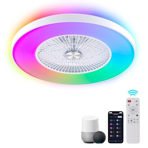 Image 1 of 9.. HUMHOLD 24" Bladeless Ceiling Fan with Lights and Remote/APP/Voice Control, Low Profile with RGB Lights, Enclosed Flush Mount for Kid's
